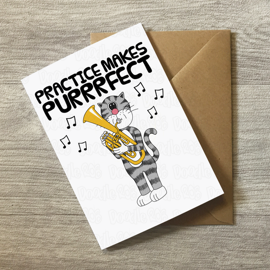 Cat Tenor Horn Greeting Card - Practice Makes Purrrfect - Horn Player Birthday Card - Funny Brass Musician Card