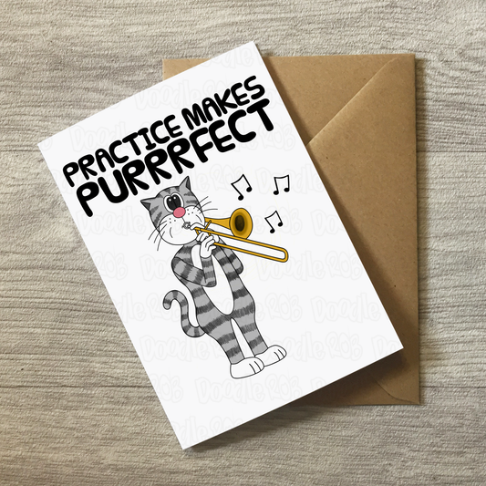 Cat Trombone Greeting Card - Practice Makes Purrrfect - Trombonist Birthday Card - Funny Brass Musician Card