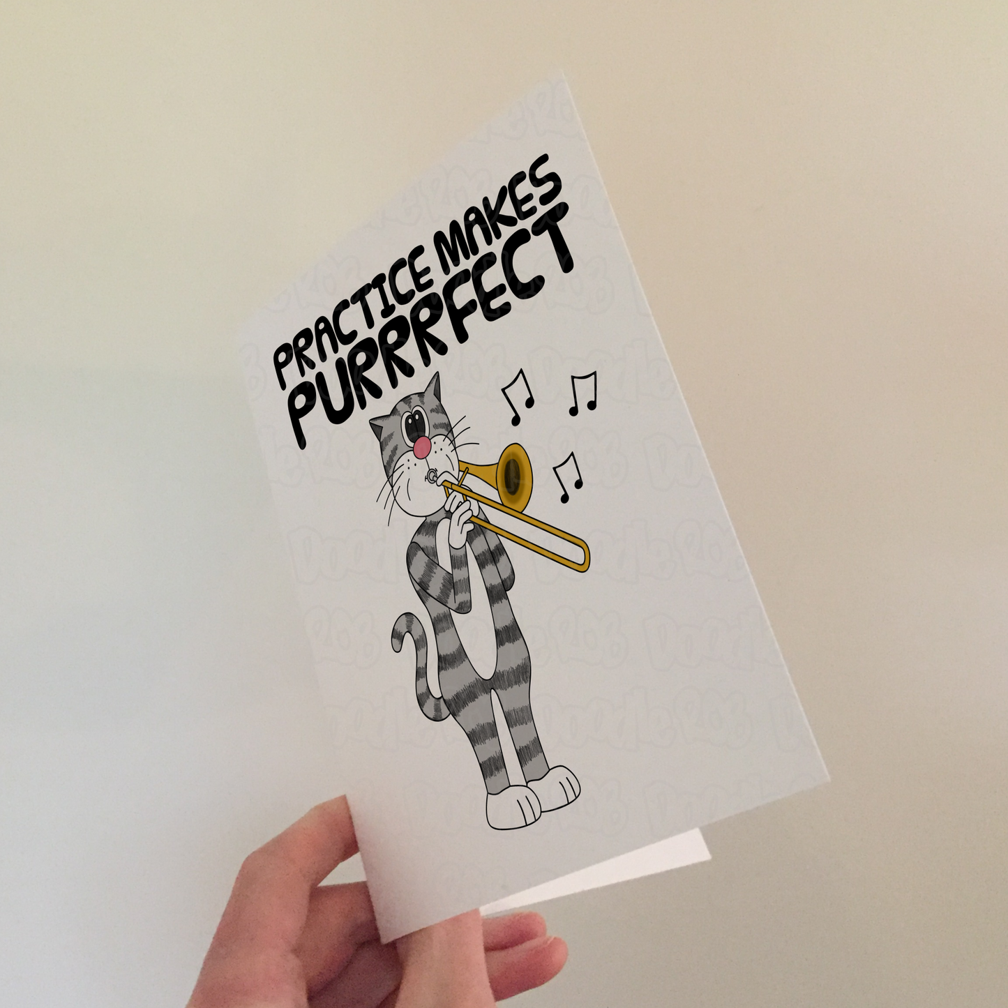 Cat Trombone Greeting Card - Practice Makes Purrrfect - Trombonist Birthday Card - Funny Brass Musician Card