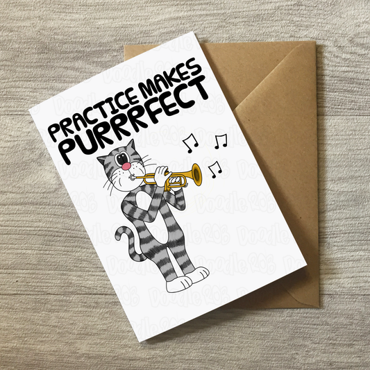 Cat Trumpet Greeting Card - Practice Makes Purrrfect - Trumpeter Birthday Card - Funny Brass Musician Card