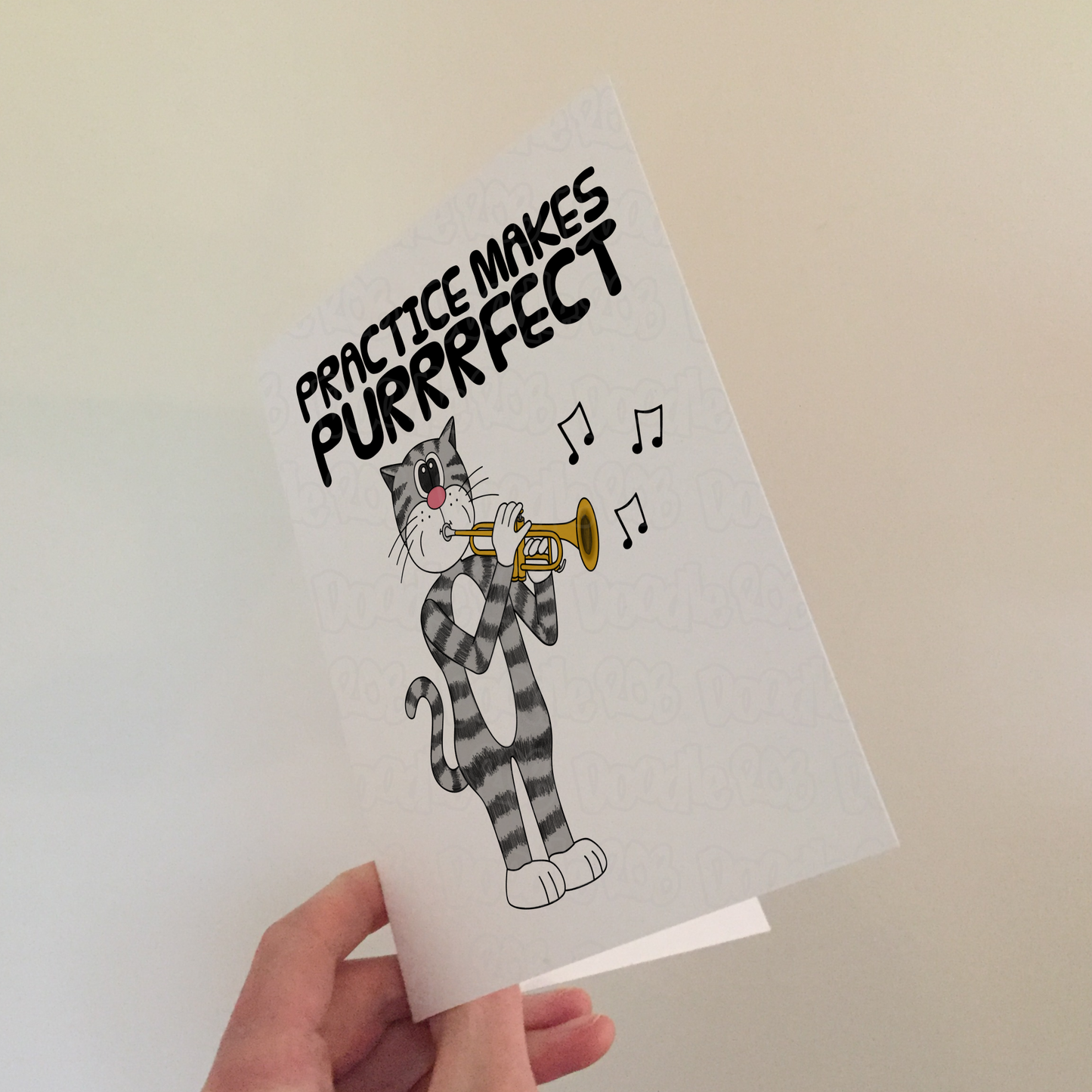 Cat Trumpet Greeting Card - Practice Makes Purrrfect - Trumpeter Birthday Card - Funny Brass Musician Card