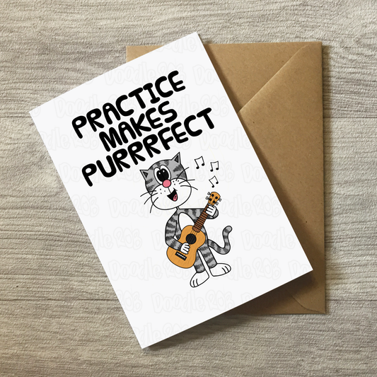 Cat Ukulele Greeting Card - Practice Makes Purrrfect - Uke Player Birthday Card - Funny Music Teacher Card