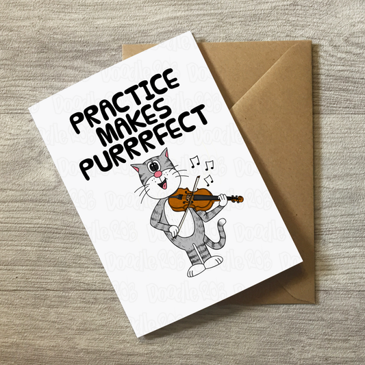 Cat Violin Greeting Card - Practice Makes Purrrfect - Violinist Birthday Card - Funny Music Teacher Card