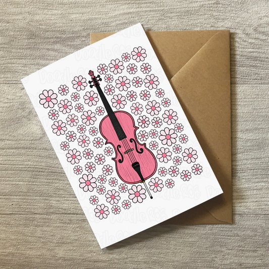 Cello Floral Greeting Card (Pink Flowers) - Female Cellist - String Musician Card For Girl