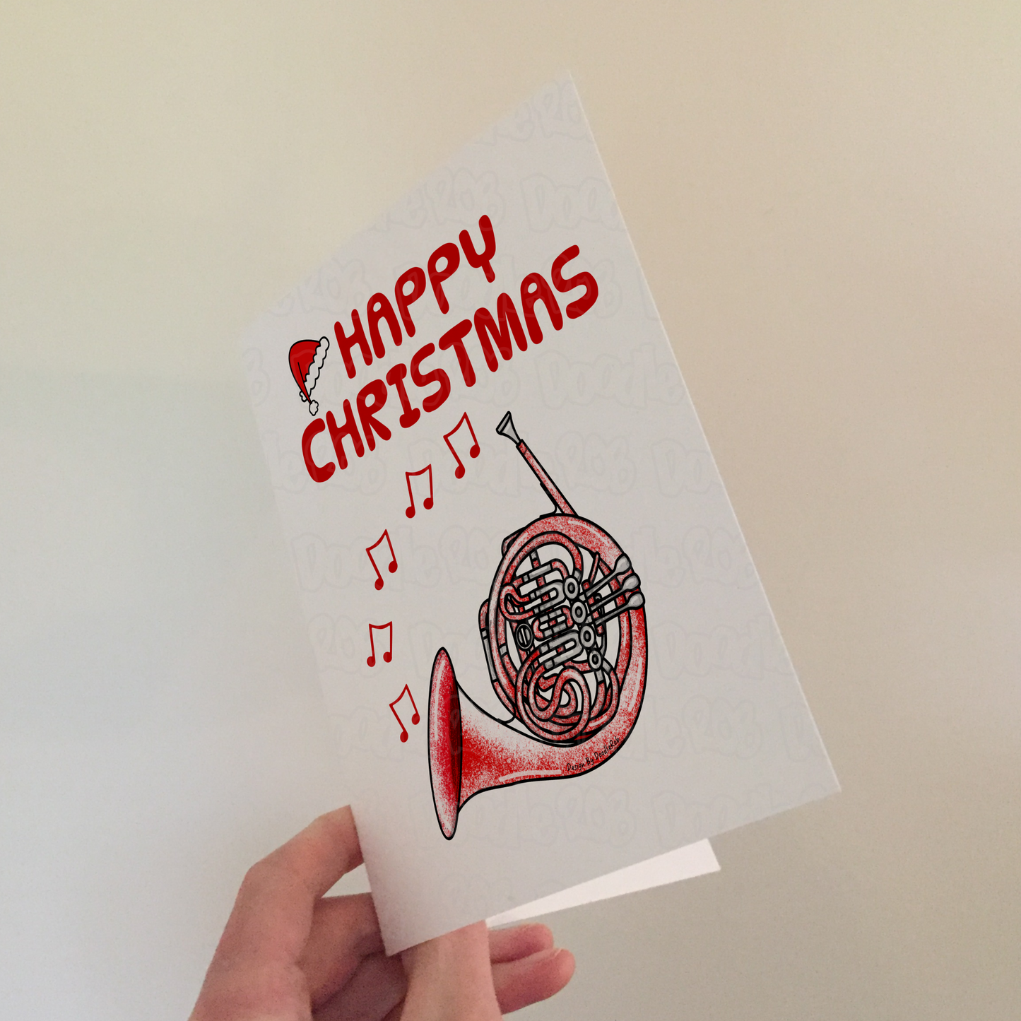 French Horn Christmas Card (Santa Hat) - Horn Player Xmas Card - Brass Musician Christmas Card