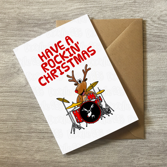 Drummer Christmas Card - Rudolf Playing Drums - Musician Xmas Card