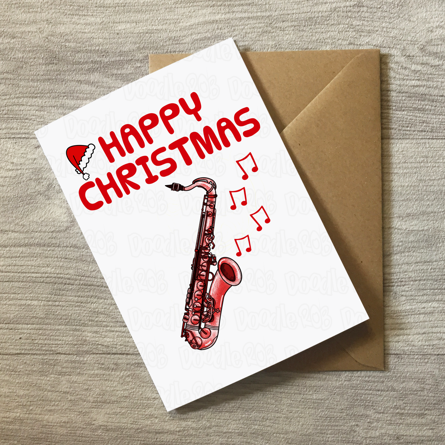 Saxophone Christmas Card (Santa Hat) - Saxophonist Xmas Card - Sax Player Card