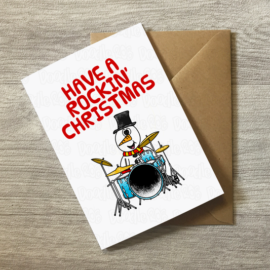 Drummer Christmas Card - Snowman Playing Drums - Drum Teacher Xmas Card