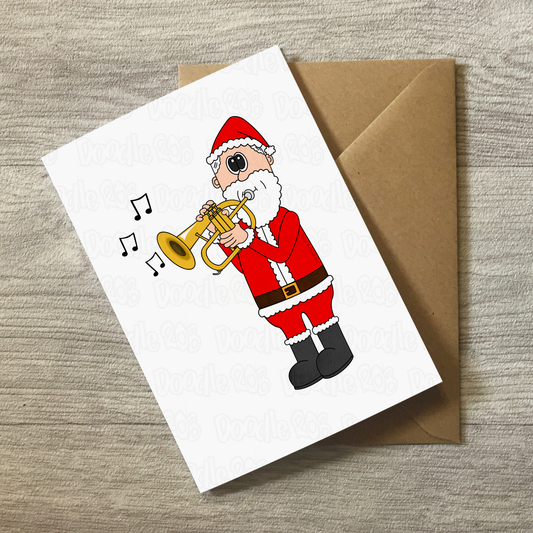 Santa Playing Flugelhorn Christmas Card - Horn Player Card - Brass Musician Xmas Card