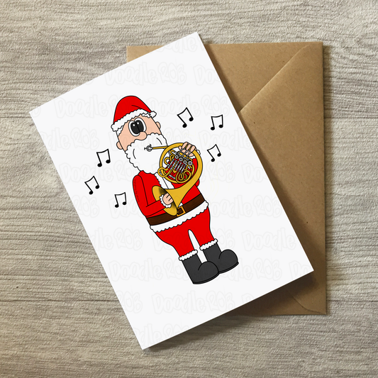 French Horn Christmas Card - Santa Playing French Horn - Brass Musician Xmas Card