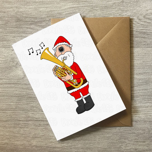 Santa Playing Tenor Horn Christmas Card - Horn Player Brass Musician Xmas Card
