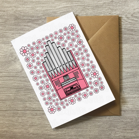 Church Organ Floral Greeting Card (Pink Flowers) - Female Organist - Musician Card For Girl