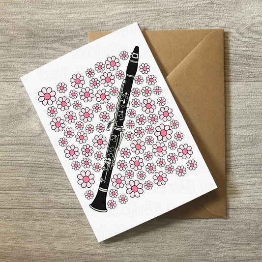 Clarinet Floral Greeting Card (Pink Flowers) - Female Clarinetist - Woodwind Musician Card For Girl
