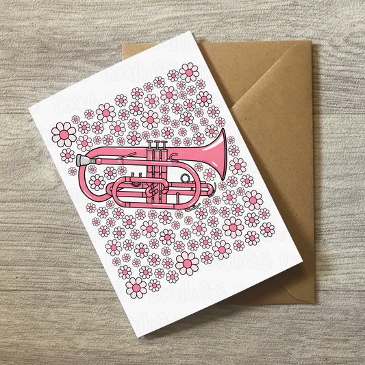 Cornet Floral Greeting Card (Pink Flowers) - Female Cornetist - Brass Musician Card For Girl