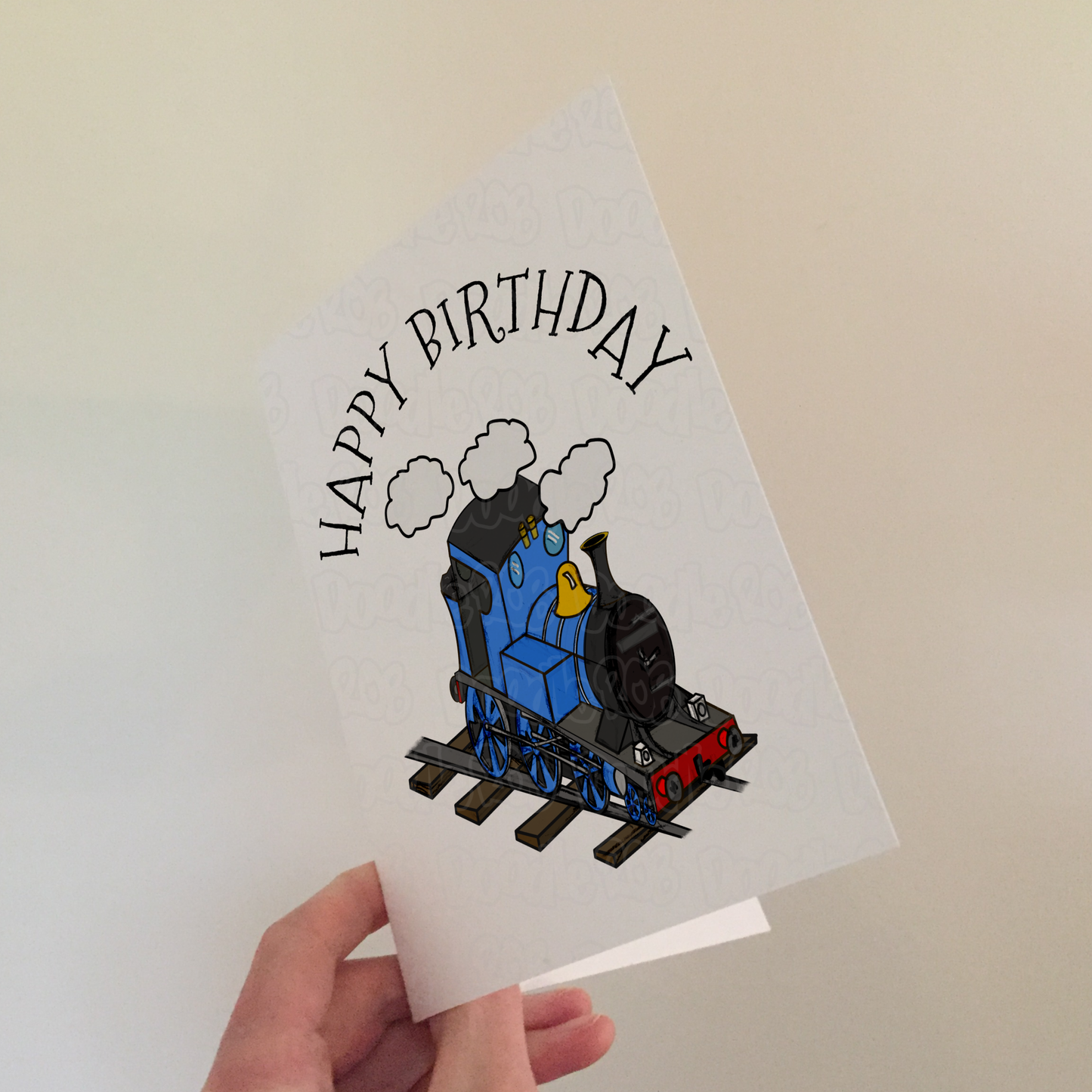 Train Birthday Card (Blue) - Steam Locomotive Greeting Card