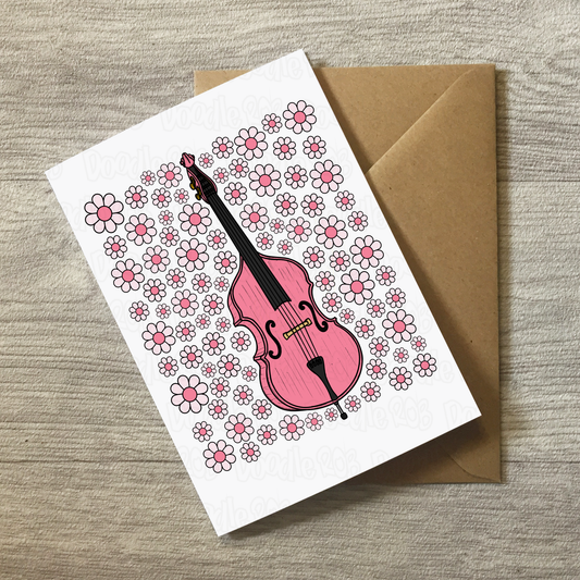 Double Bass Floral Greeting Card (Pink Flowers) - Female Bassist - String Musician Card For Girl