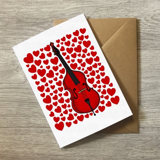 Double Bass With Hearts Greeting Card - Bassist Musician Valentines Anniversary Card