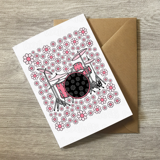 Drummer Floral Greeting Card (Pink Flowers) - Female Drummer - Percussionist Musician Card For Girl