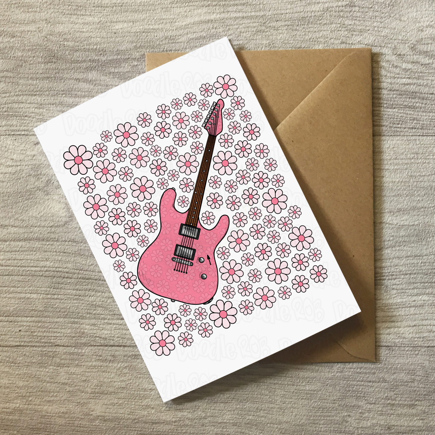 Electric Guitar Floral Greeting Card (Pink Flowers) - Female Guitarist - Musician Card For Girl