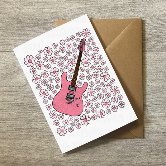 Electric Guitar Floral Greeting Card (Pink Flowers) - Female Guitarist - Musician Card For Girl