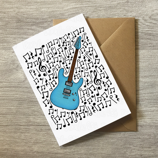 Blue Electric Guitar Card (Musical Notes) - Electric Guitarist Birthday - Musician Greeting Card