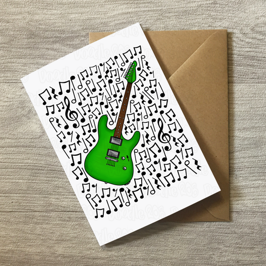 Green Electric Guitar Card (Musical Notes) - Electric Guitarist Birthday - Musician Greeting Card
