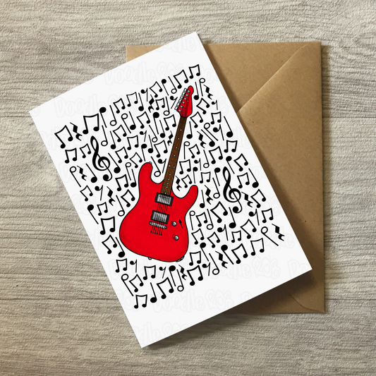 Red Electric Guitar Card (Musical Notes) - Electric Guitarist Birthday - Musician Greeting Card