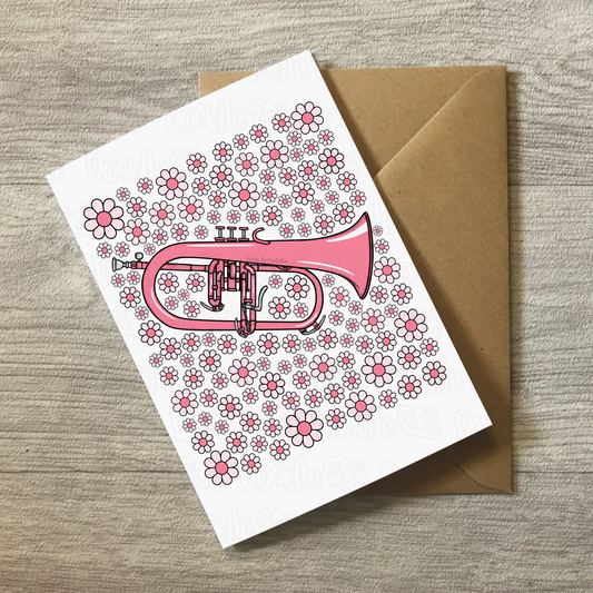 Flugelhorn Floral Greeting Card (Pink Flowers) - Female Horn Player - Brass Musician Card For Girl