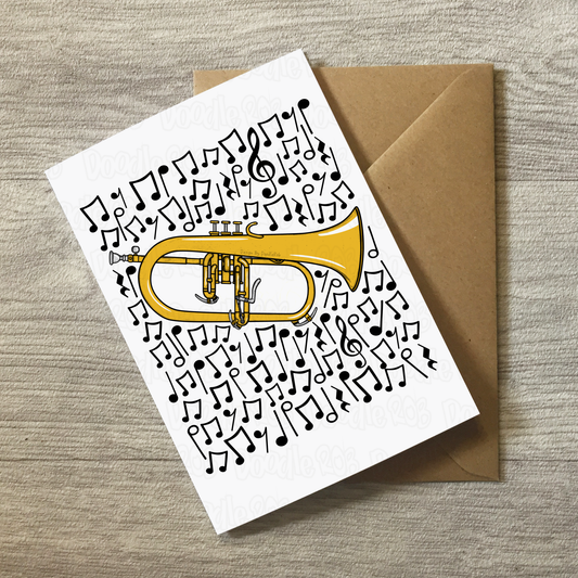 Flugelhorn Greeting Card (Musical Notes) - Horn Player Birthday Card - Brass Musician Card