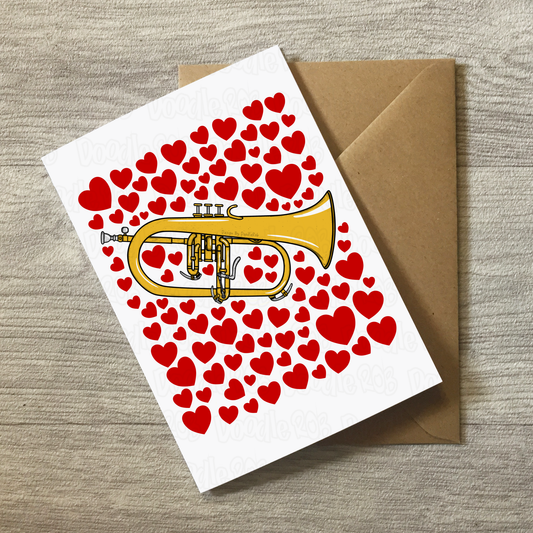 Flugelhorn With Hearts Greeting Card - Horn Player Musician Valentines Anniversary Card
