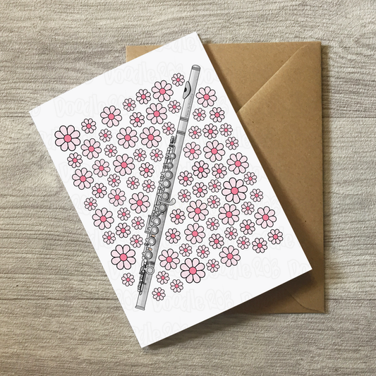 Flute Floral Greeting Card (Pink Flowers) - Female Flautist - Woodwind Musician Card For Girl