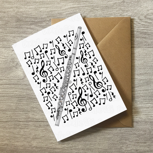 Flute Greeting Card (Musical Notes) - Flautist Birthday Card - Woodwind Musician Card