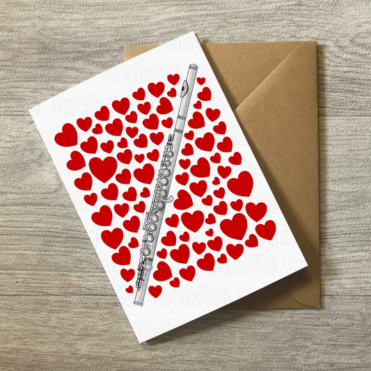 Flute With Hearts Greeting Card - Flautist Musician Valentines Anniversary Card