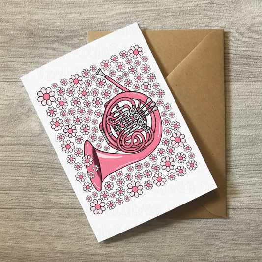 French Horn Floral Greeting Card (Pink Flowers) - Female Horn Player - Brass Musician Card For Girl