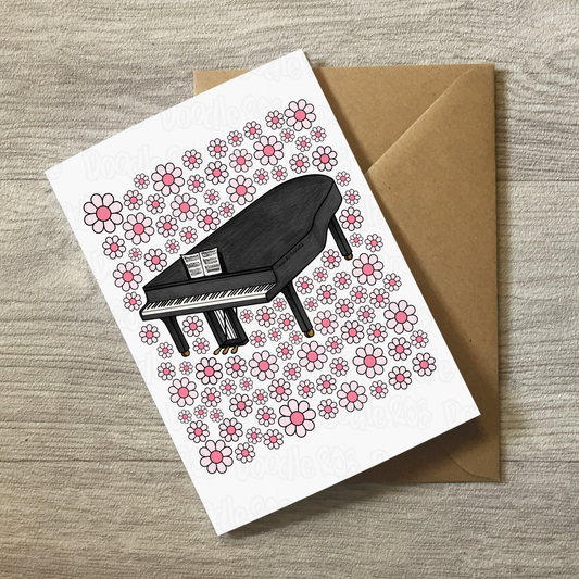 Piano Floral Greeting Card (Pink Flowers) - Female Pianist - Musician Card For Girl