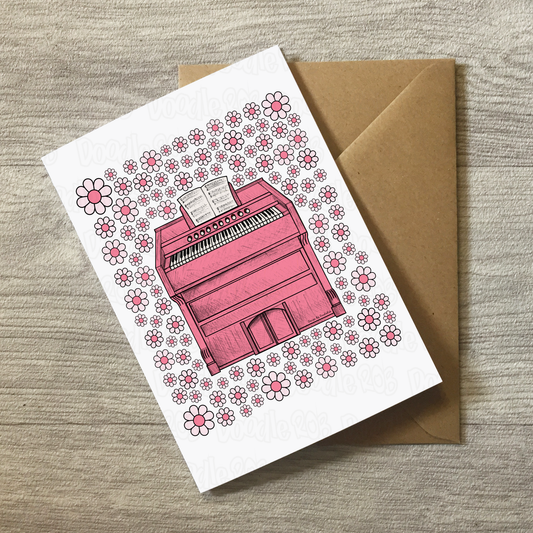 Harmonium Floral Greeting Card (Pink Flowers) - Female Organist - Musician Card For Girl