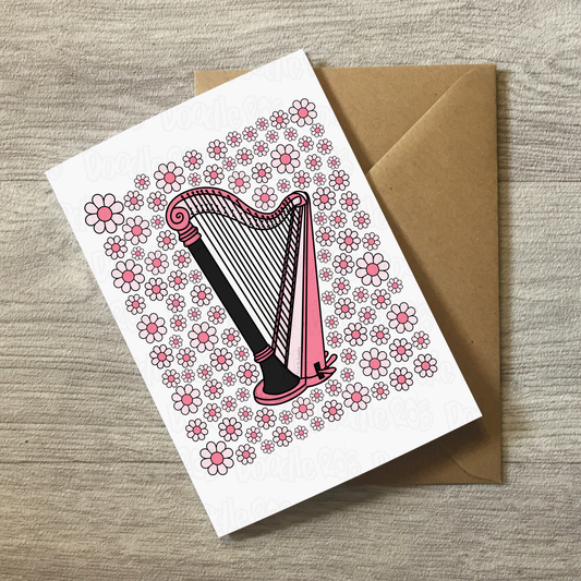 Harp Floral Greeting Card (Pink Flowers) - Female Harpist - String Musician Card For Girl