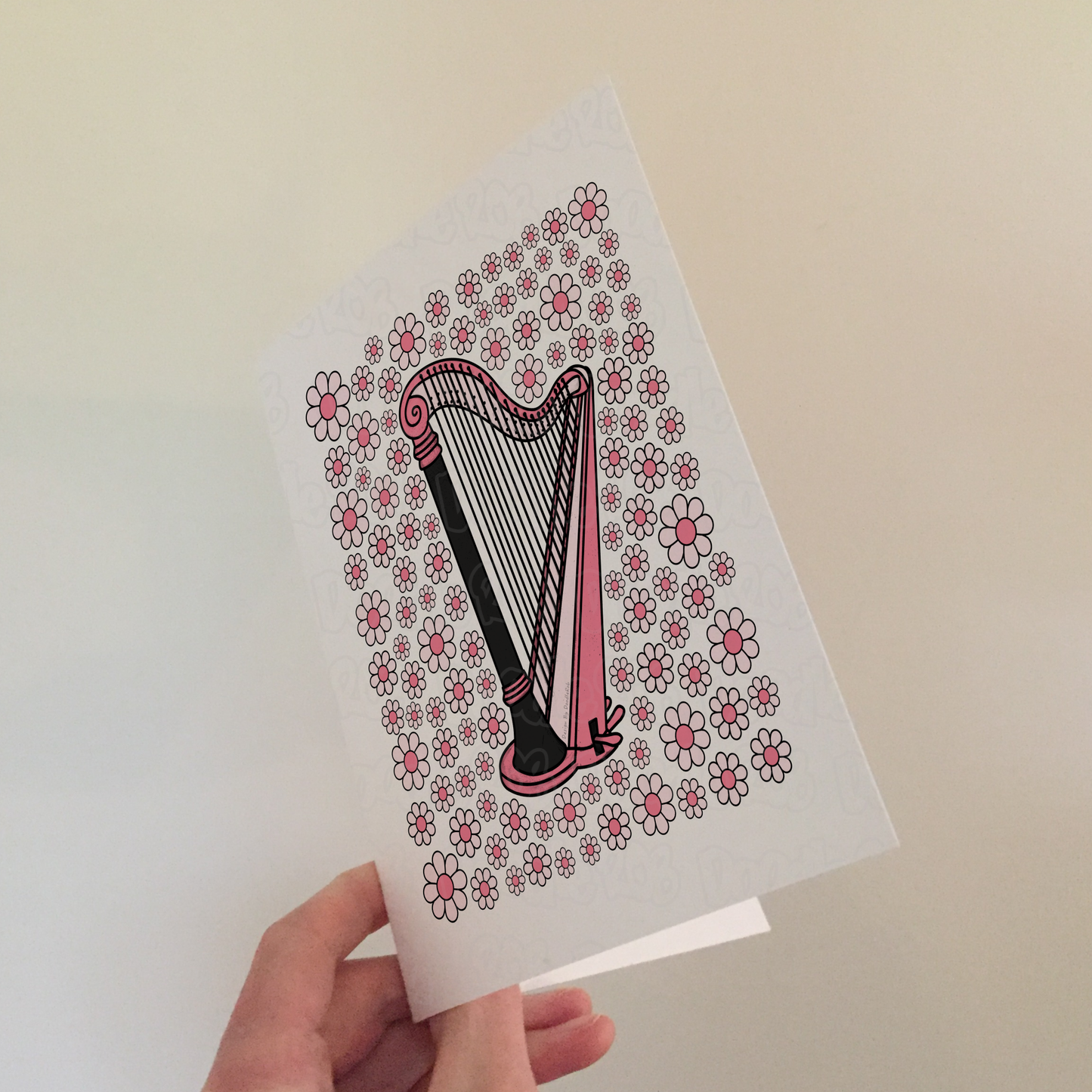 Harp Floral Greeting Card (Pink Flowers) - Female Harpist - String Musician Card For Girl