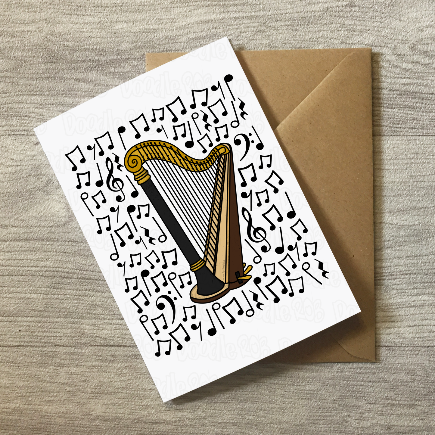 Harp Greeting Card (Musical Notes) - Harpist Birthday Card - String Musician Card