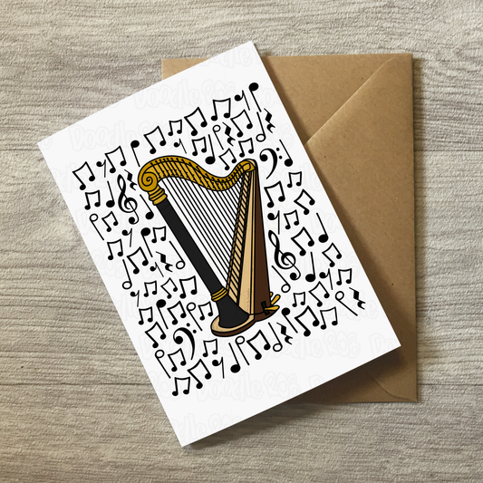 Harp Greeting Card (Musical Notes) - Harpist Birthday Card - String Musician Card