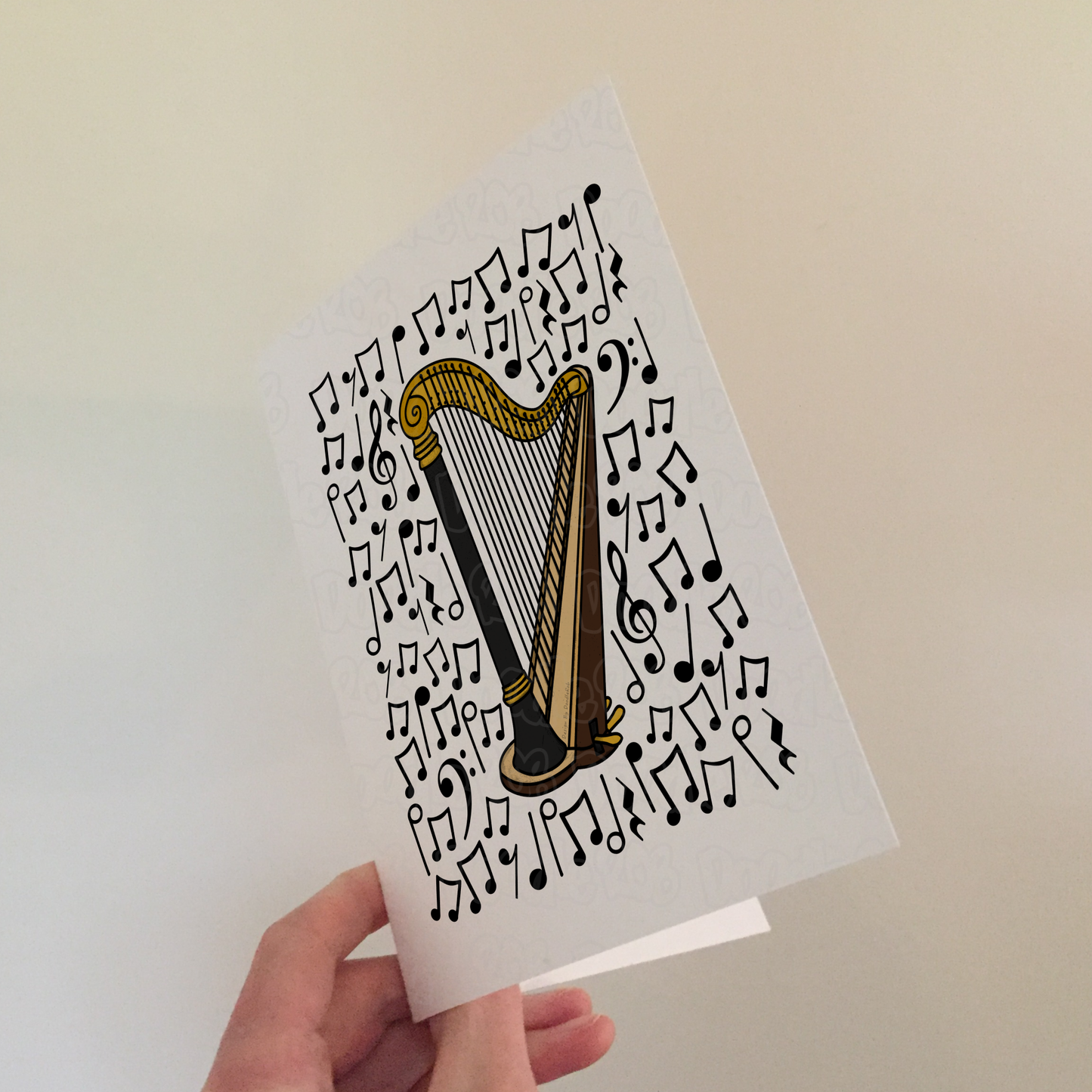 Harp Greeting Card (Musical Notes) - Harpist Birthday Card - String Musician Card