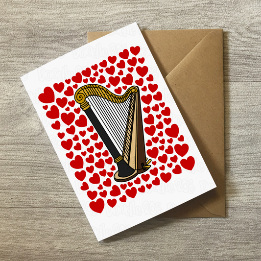 Harp With Hearts Greeting Card - Harpist Musician Valentines Anniversary Card
