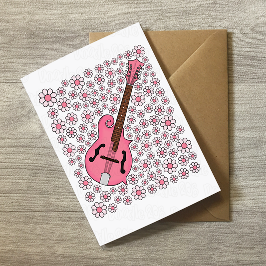 Mandolin Floral Greeting Card (Pink Flowers) - Female Mandolinist - Folk Musician Card For Girl