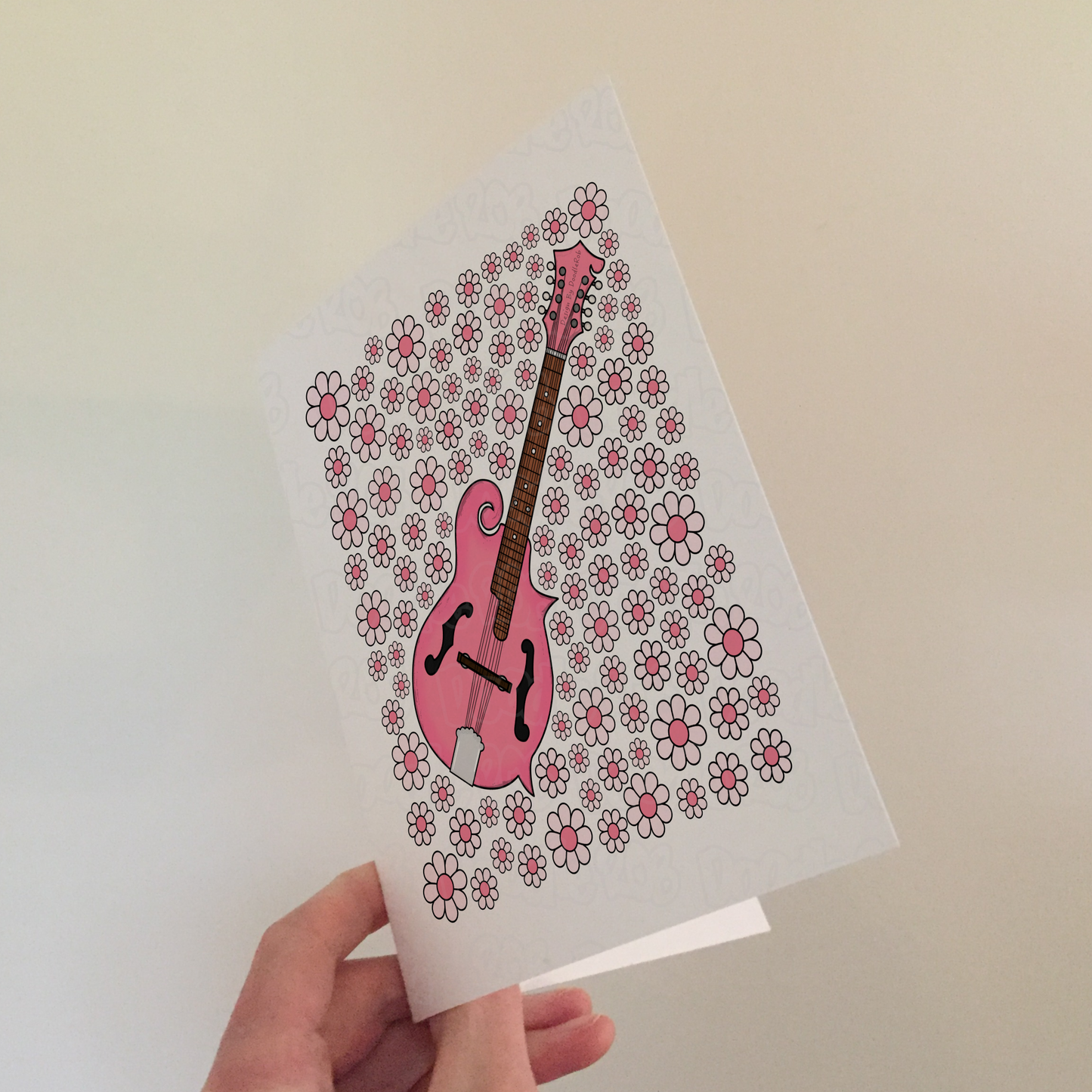 Mandolin Floral Greeting Card (Pink Flowers) - Female Mandolinist - Folk Musician Card For Girl