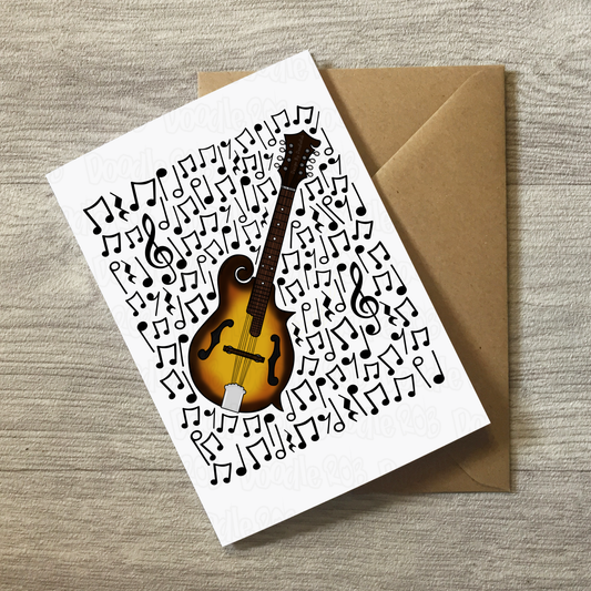 Mandolin Greeting Card (Musical Notes) - Mandolinist Greeting Card - Folk Musician Birthday Card