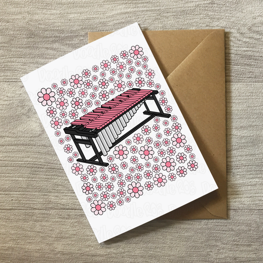 Marimba Floral Greeting Card (Pink Flowers) - Female Percussionist - Musician Card For Girl
