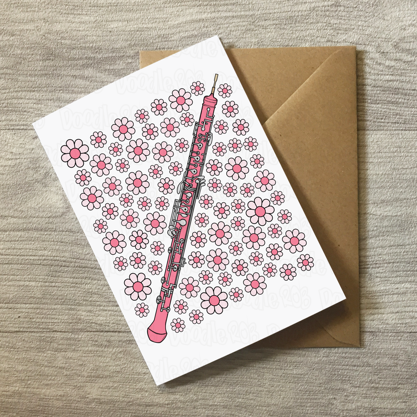 Oboe Floral Greeting Card (Pink Flowers) - Female Oboist - Woodwind Musician Card For Girl
