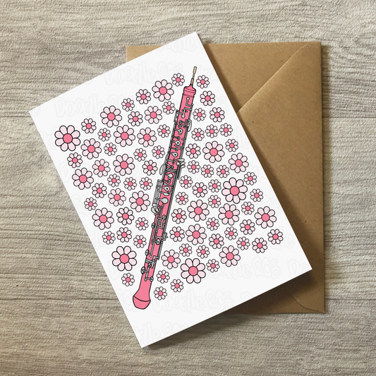 Oboe Floral Greeting Card (Pink Flowers) - Female Oboist - Woodwind Musician Card For Girl