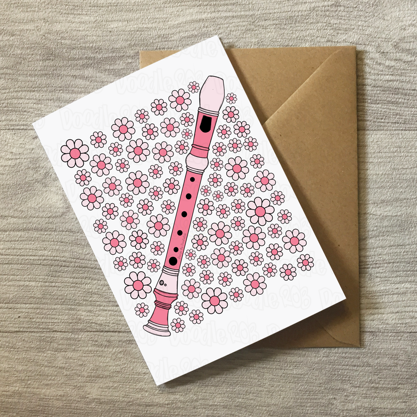 Recorder Floral Greeting Card (Pink Flowers) - Female Recorderist - Woodwind Musician Card For Girl