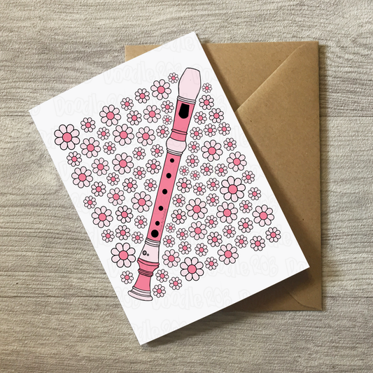 Recorder Floral Greeting Card (Pink Flowers) - Female Recorderist - Woodwind Musician Card For Girl